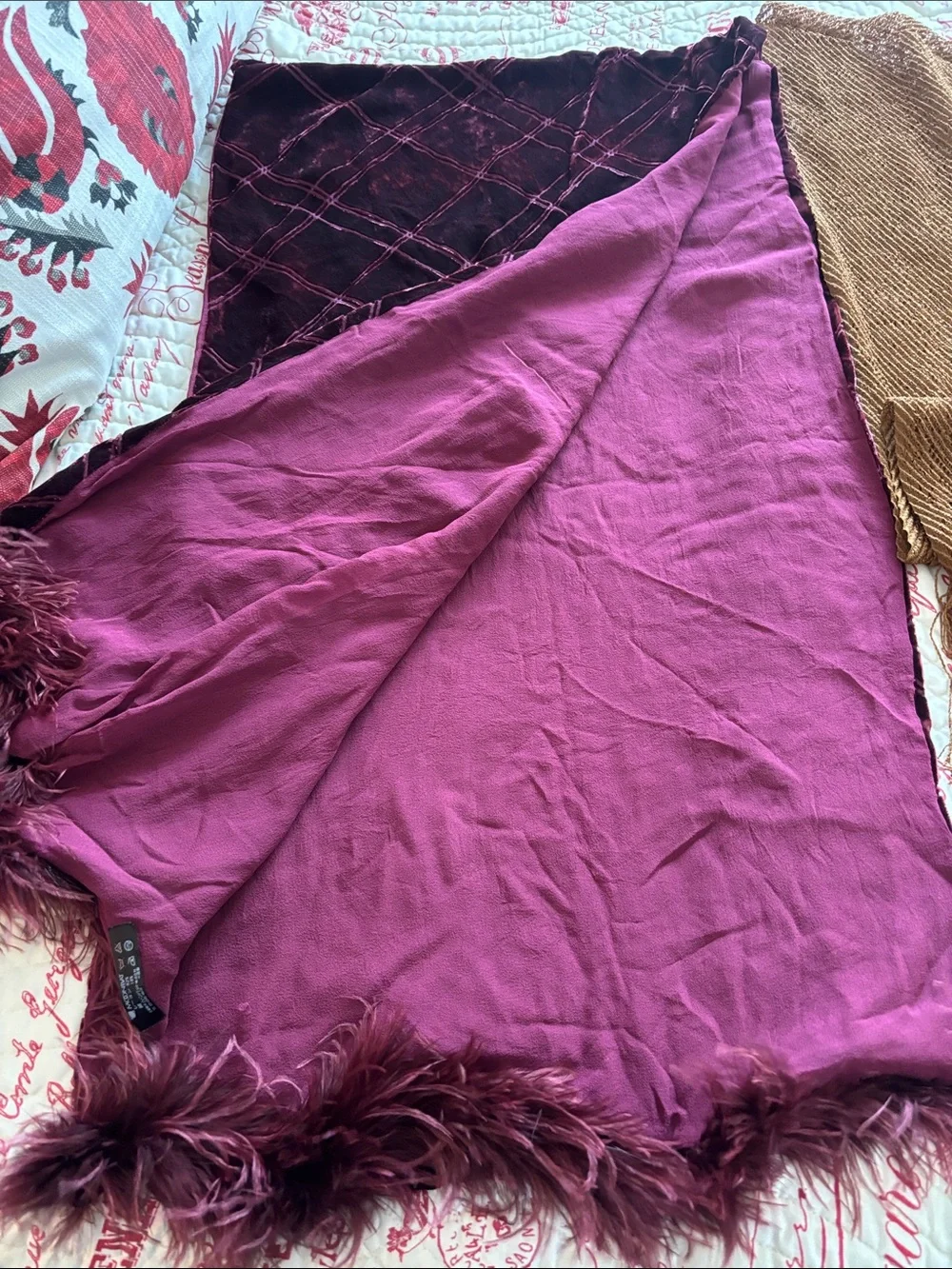 Vintage Wraps/Scarf Bundle: Burgundy Velvet Fringe/Feather & Copper Fringe Wrap